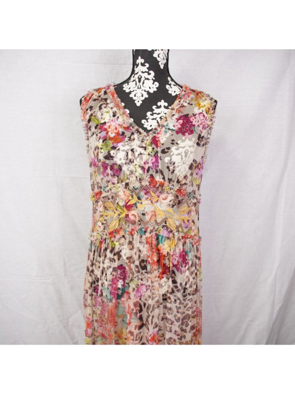 Johnny Was Mazzy Boxy Shirred Dress Sz Small Floral Animal Print Leopard No Slip - Picture 5 of 15